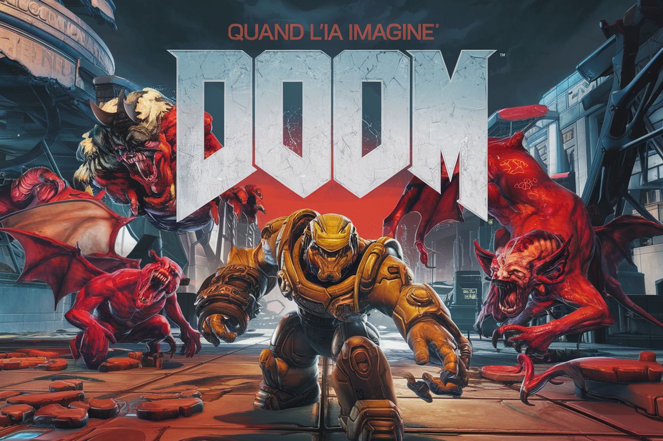 A screenshot of the first Doom game (1993) with a big modern title saying "QUAND L'IA IMAGINE DOOM". The background is a futuristic city with destroyed buildings. There are demons with various abilities. The game has a dark and gritty atmosphere.